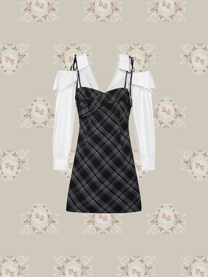 Plaid Patchwork Off Shoulder One Piece/チェック柄パッチワークオフショルダーワンピース
