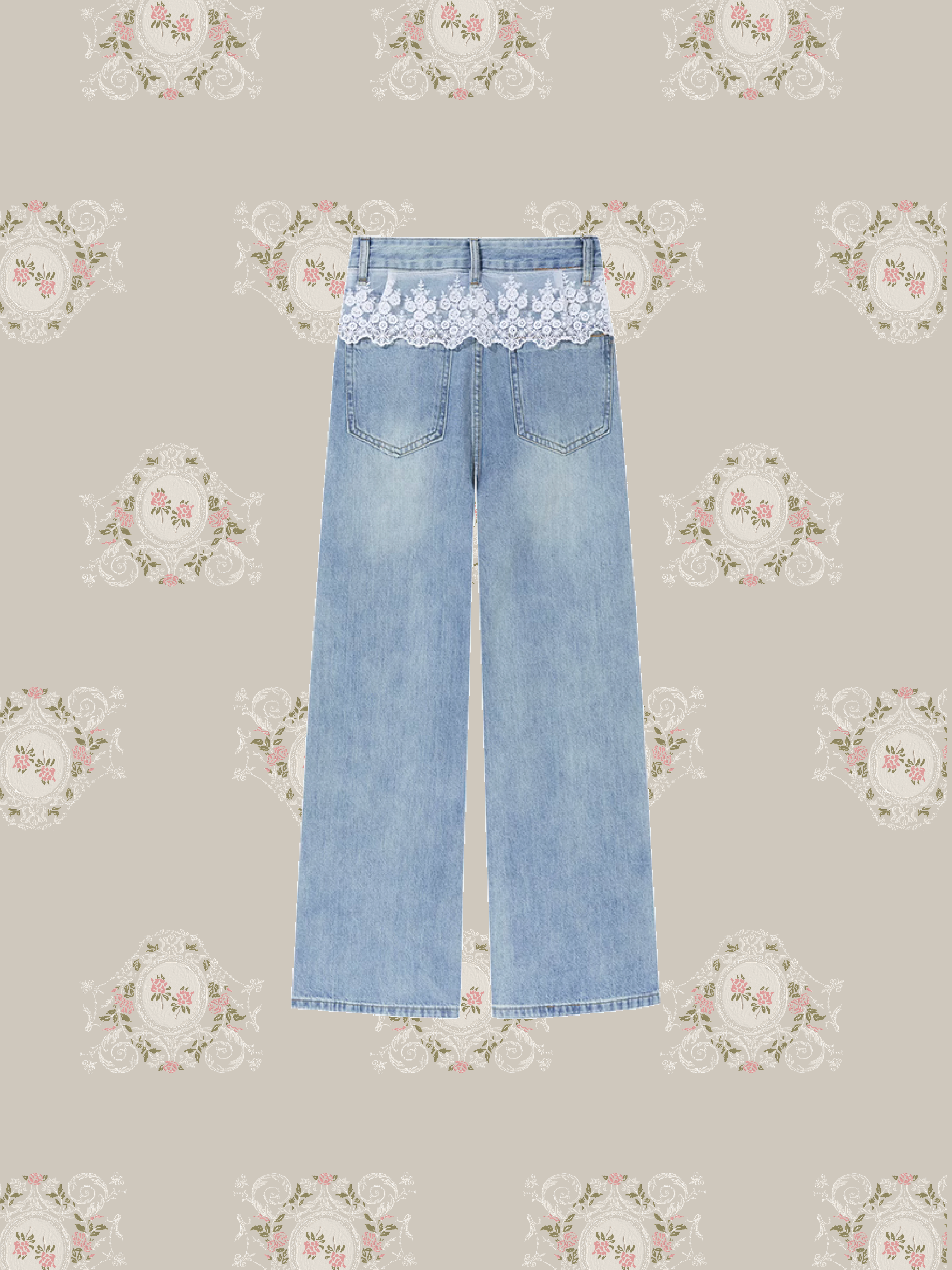 Wide Denim Pants With Lace Apron/レースエプロン付きワイドデニムパンツ