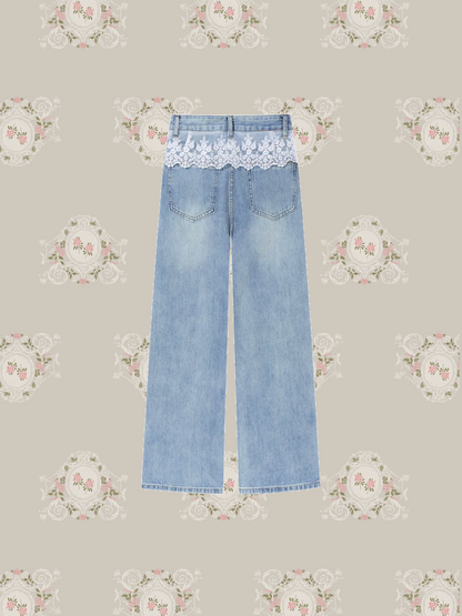 Wide Denim Pants With Lace Apron/レースエプロン付きワイドデニムパンツ