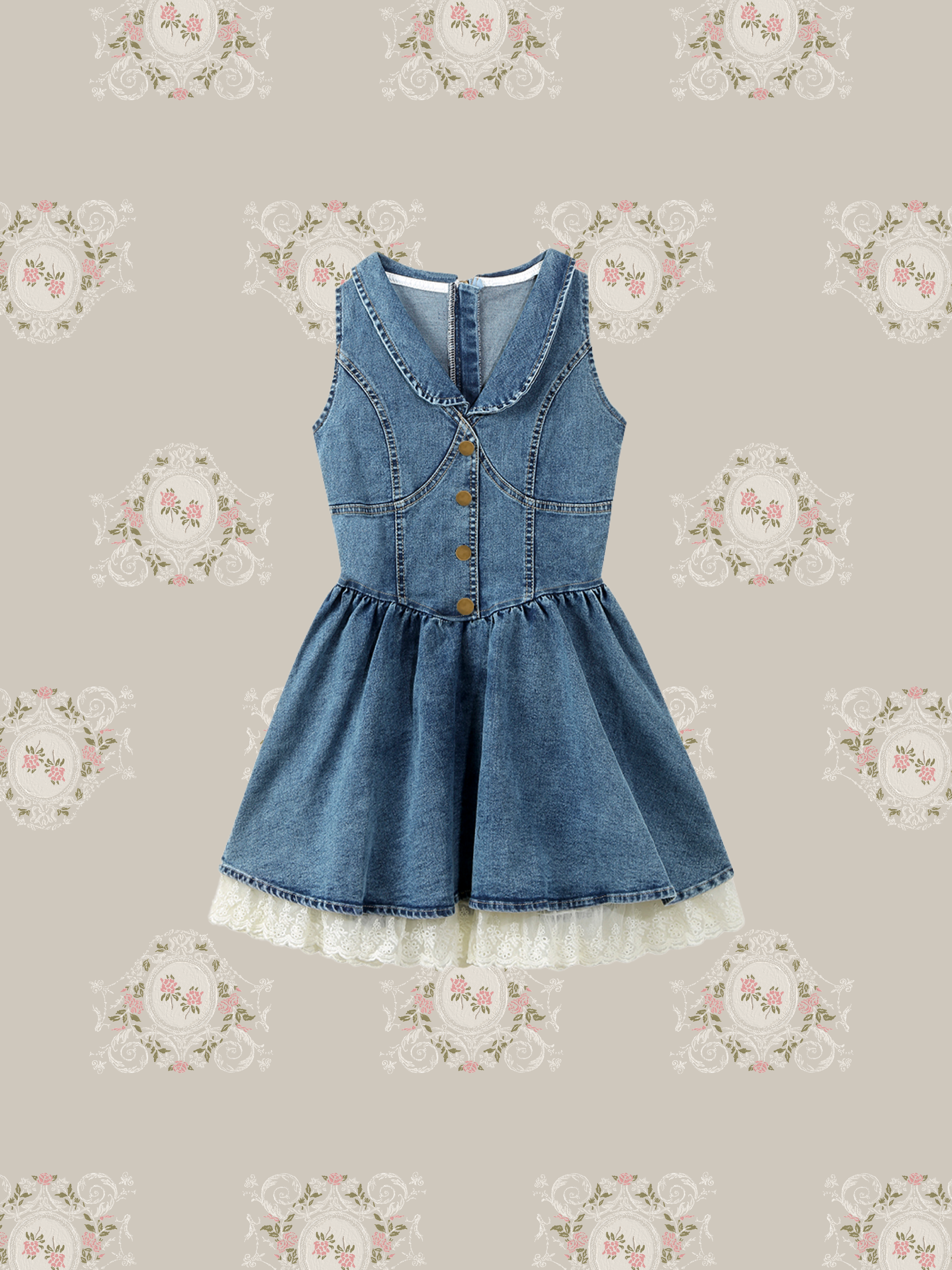 Lace Piping Pleats Denim Dress/レースパイピングプリーツデニムドレス