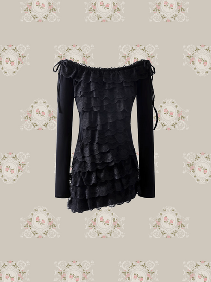 Elegant Off Shoulder Lace Ruffle One Piece/エレガントなオフショルダーレースフリルワンピース