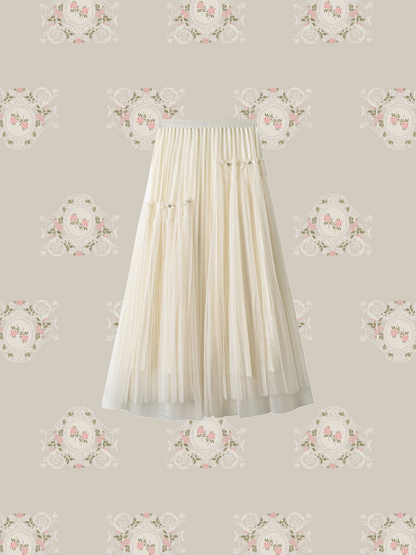 Unbalance Mesh Ribbon Pleats Skirt 