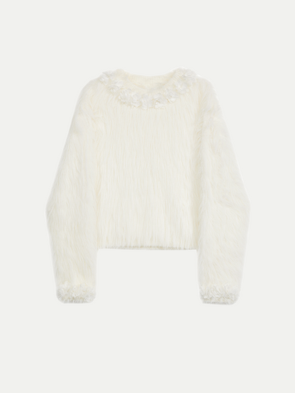 Lace-collar mohair sheer sweater 