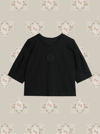 All Black Flower Applique T/オールブラックフラワーアップリケT