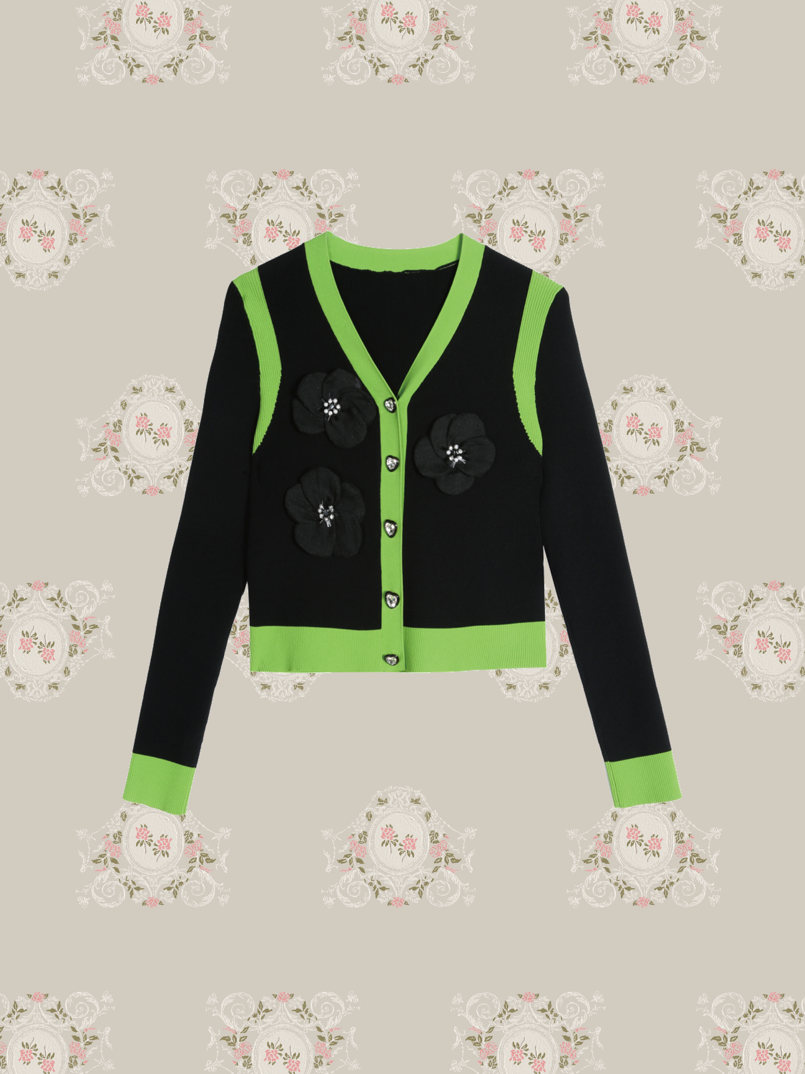 Detail Green Piping Flower Applique Cardigan 