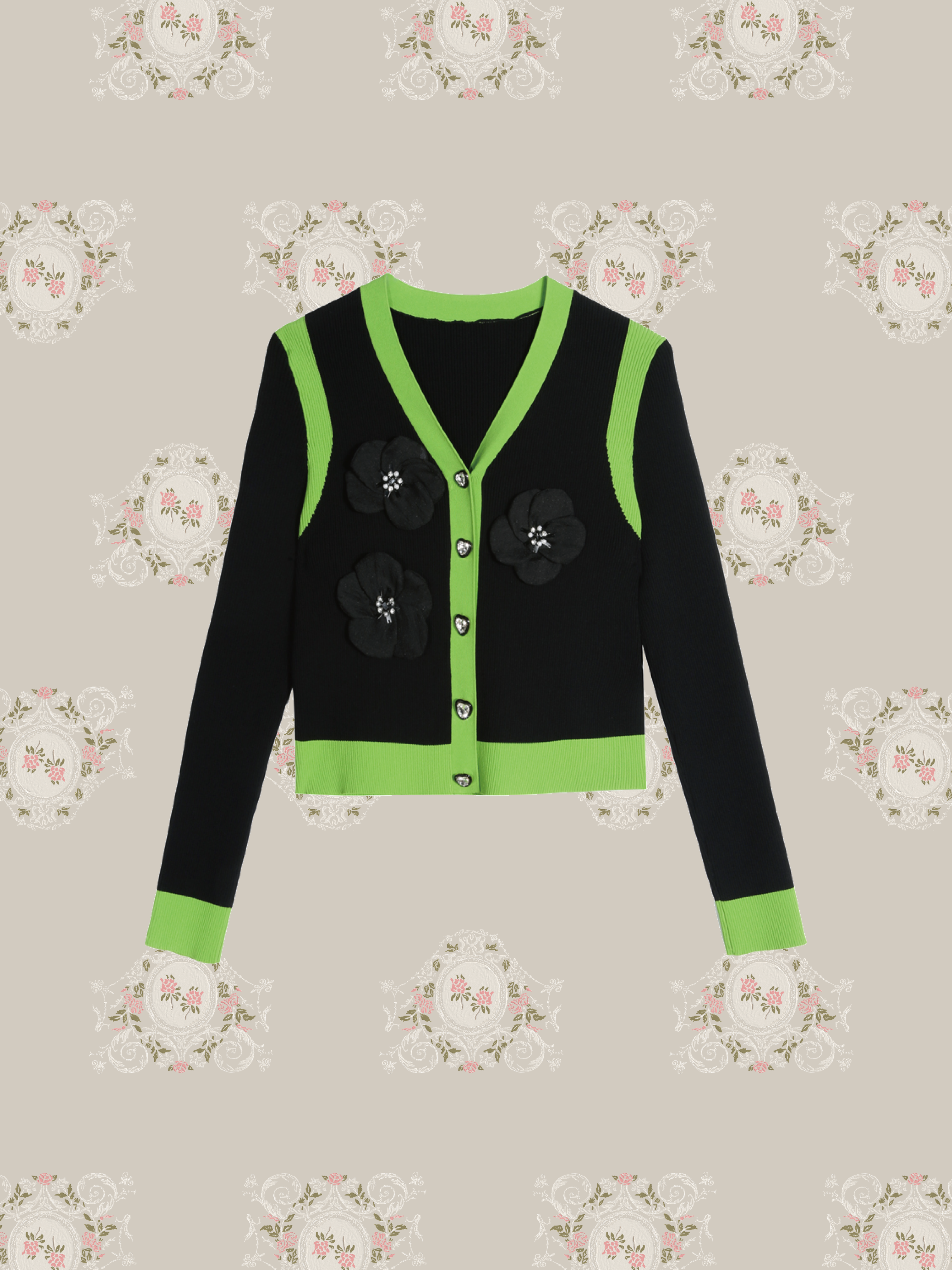 Detail Green Piping Flower Applique Cardigan/ディテール グリーン パイピング フラワー アップリケ カーディガン