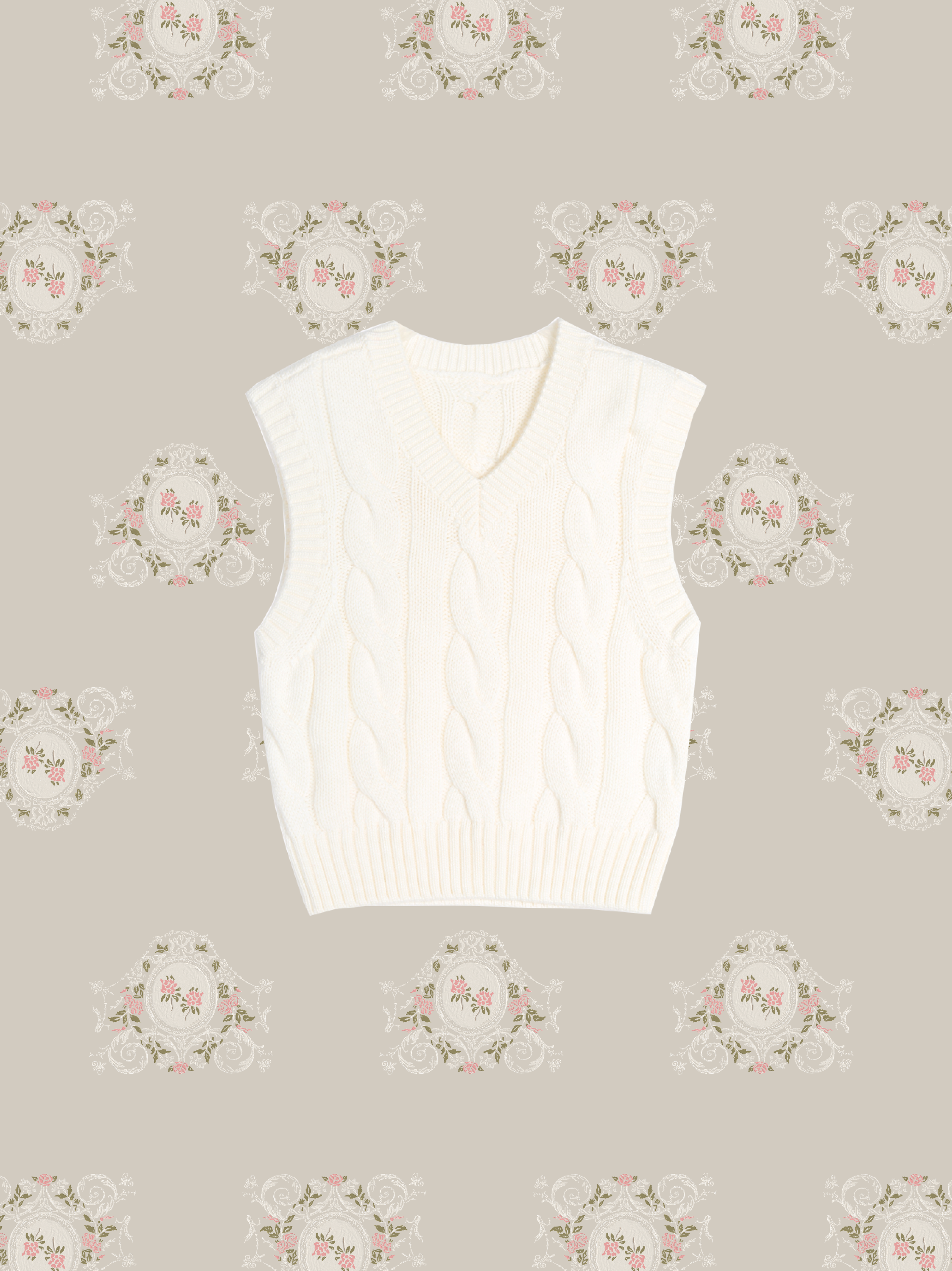Ivory Wool Cable Knit Vest 