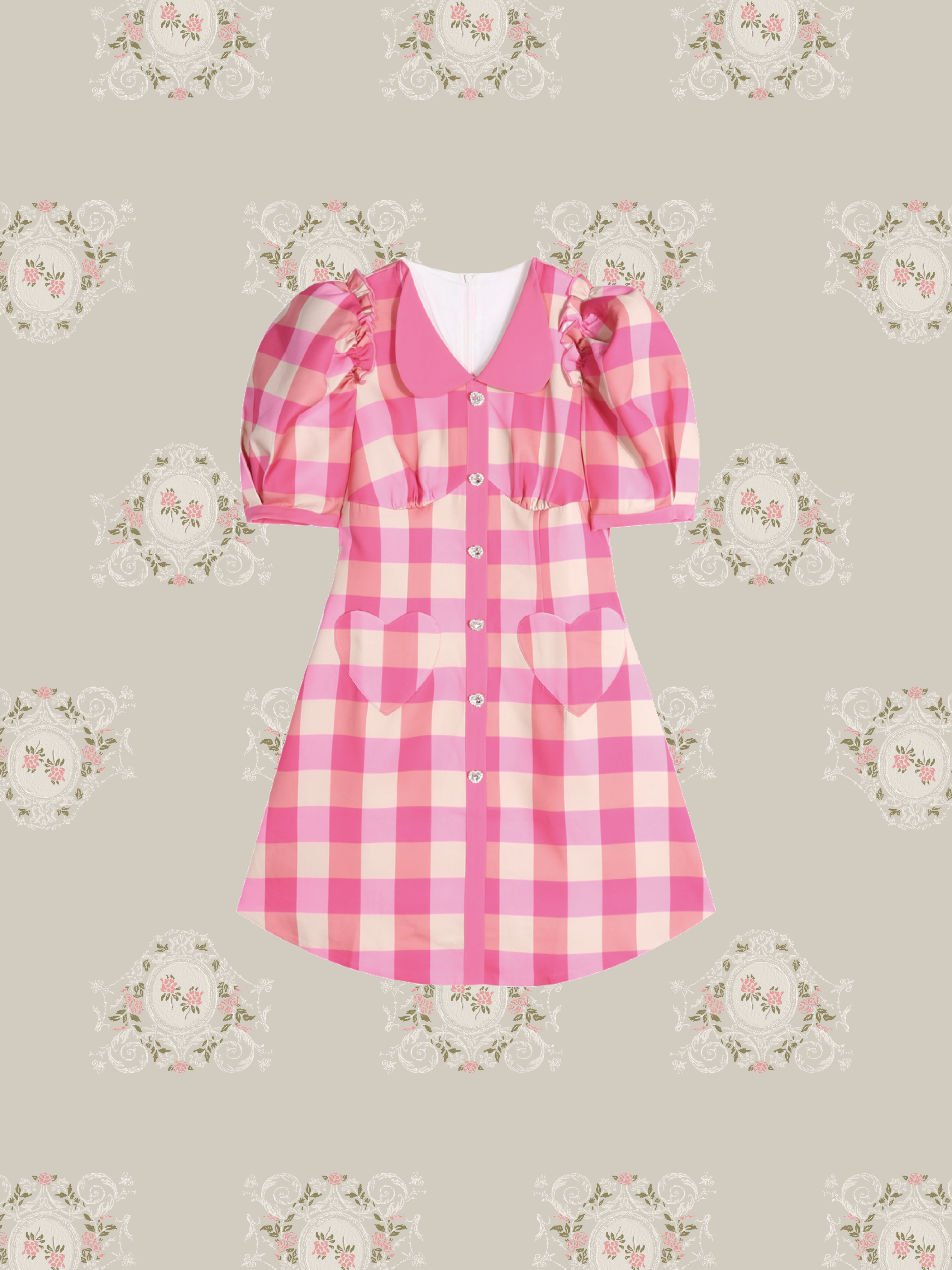 Princess Puff Sleeve Pink Check Dress/プリンセス パフスリーブ ピンクチェックドレス