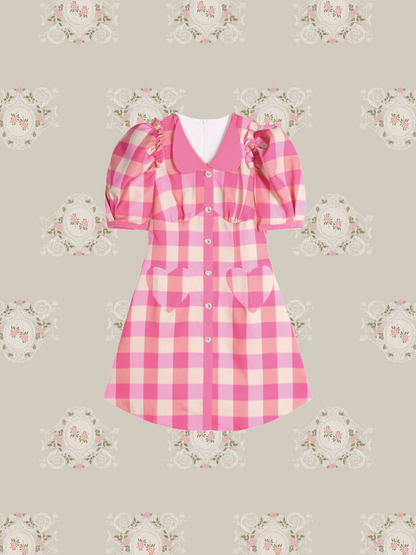 Princess Puff Sleeve Pink Check Dress 