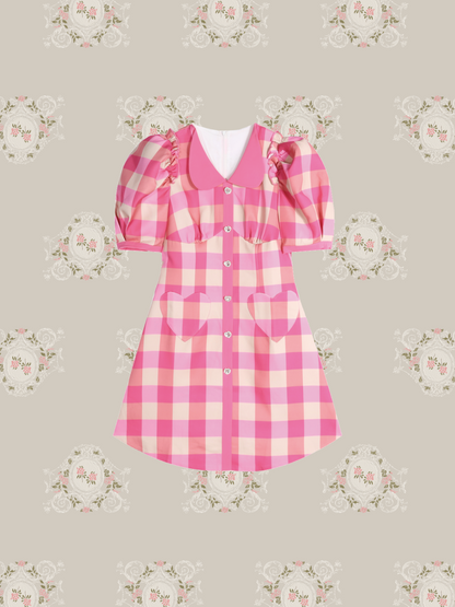 Princess Puff Sleeve Pink Check Dress/プリンセス パフスリーブ ピンクチェックドレス