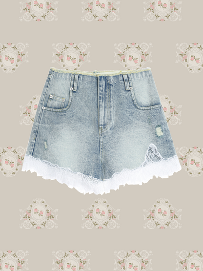 Detail Lace Denim Short Pants 