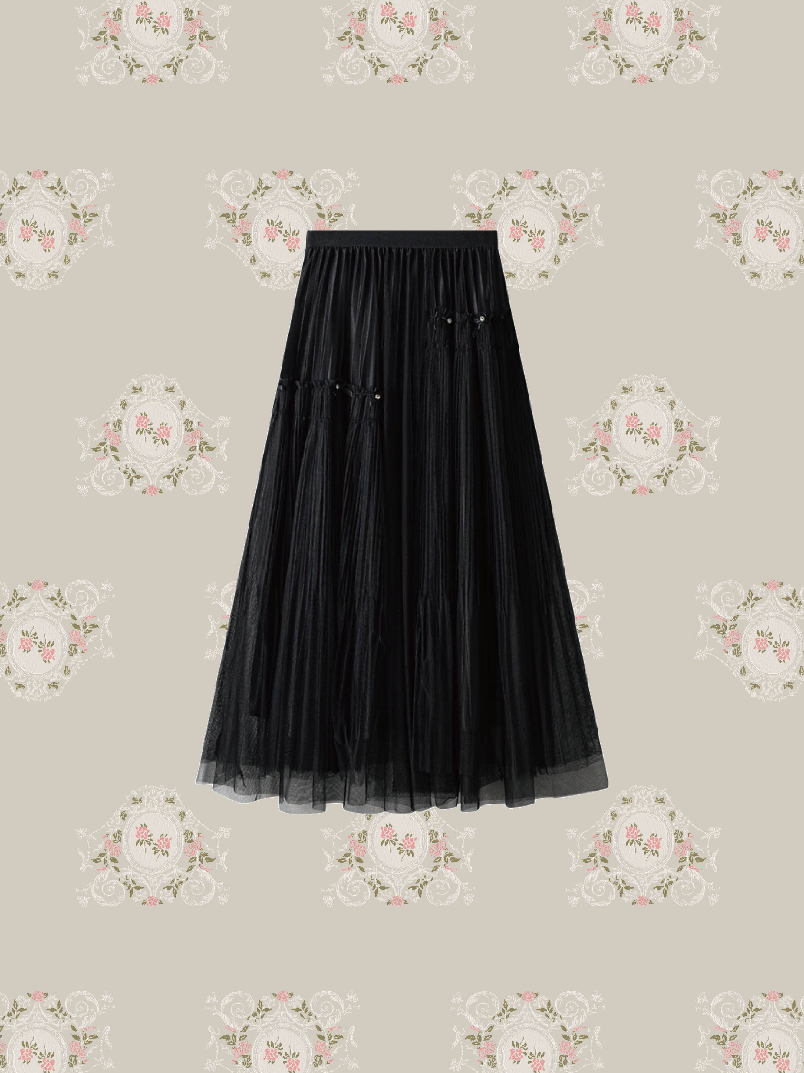 Unbalance Mesh Ribbon Pleats Skirt 