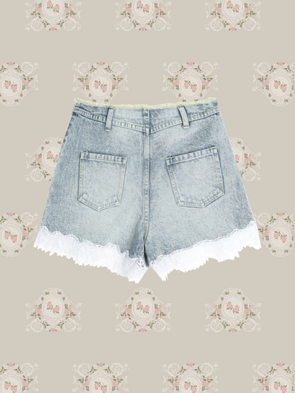 Detail Lace Denim Short Pants 