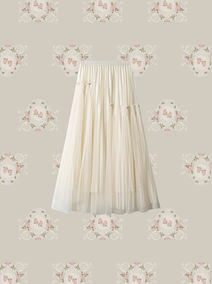 Unbalance Mesh Ribbon Pleats Skirt 