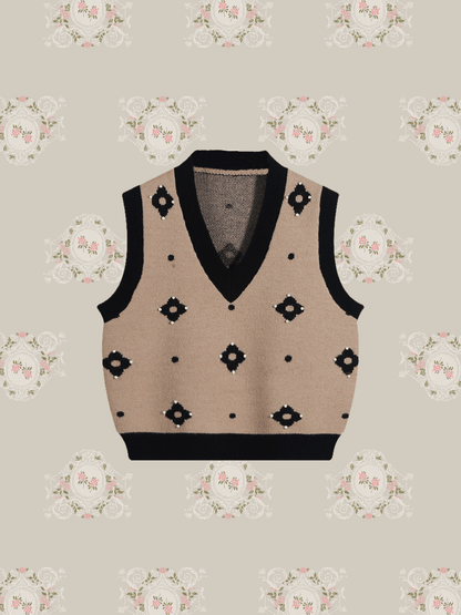 Bi-Color Flower Motif Knit Vest