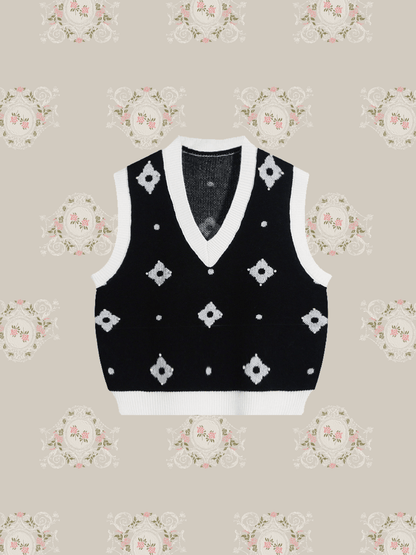 Bi-Color Flower Motif Knit Vest