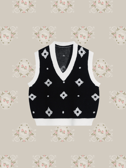 Bi-Color Flower Motif Knit Vest 