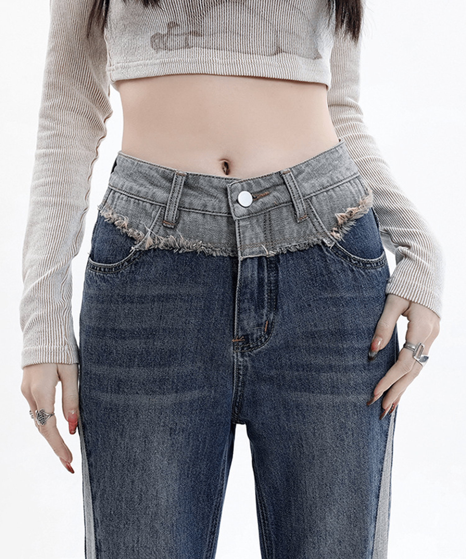 Bicolor Switching Denim Jeans - LOVE POMME POMME
