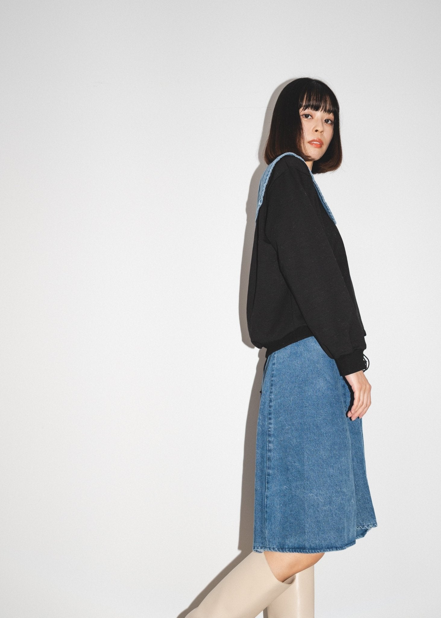 Big Collar Denim Skirt Set-Up - LOVE POMME POMME