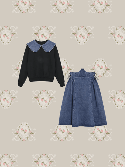 Big Collar Denim Skirt Set-Up - LOVE POMME POMME