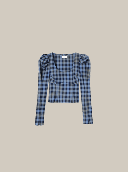 Blue Check Puff Sleeve Top - LOVE POMME POMME