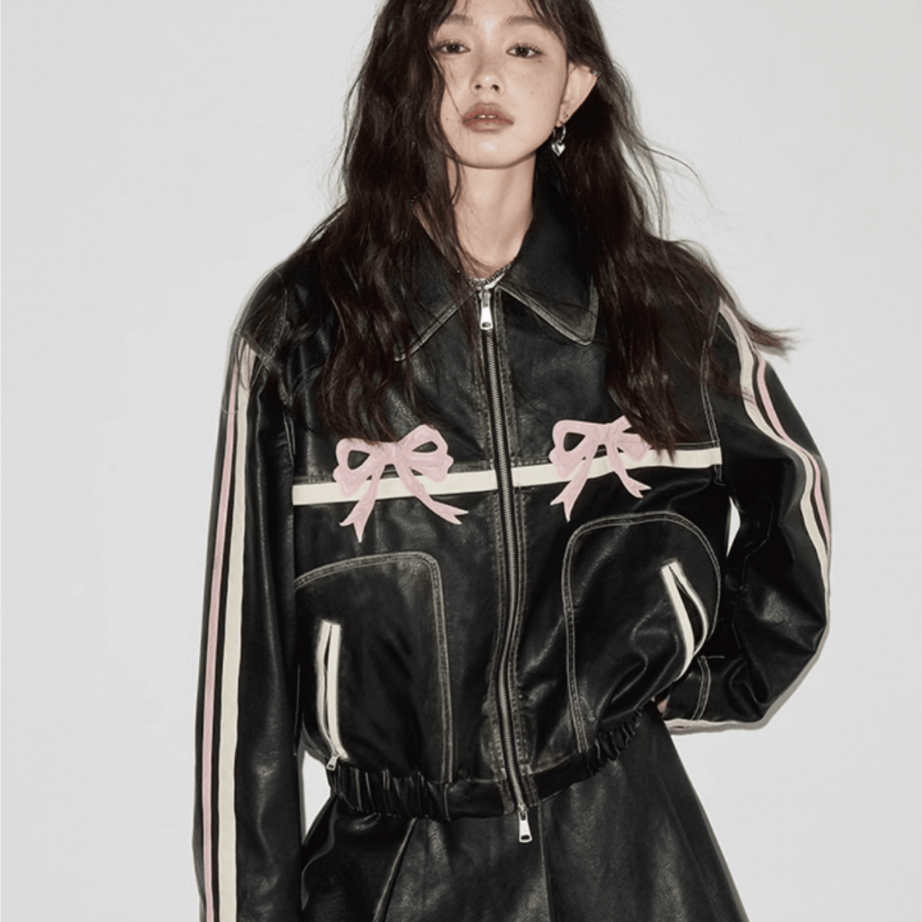 Bowknot Retro Color-Painted Leather Jacket