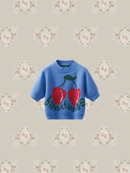 Cherry Embroidery Blue Top