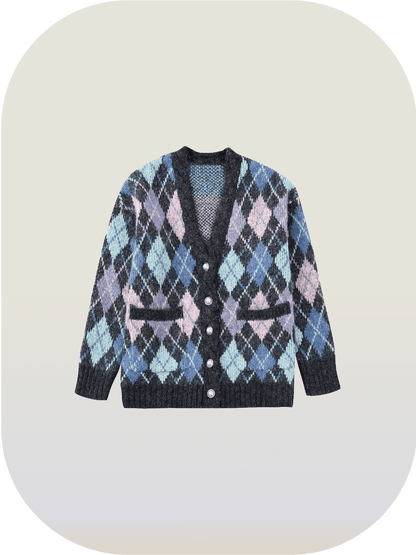 Classical Argyle Block Knit Cardigan 