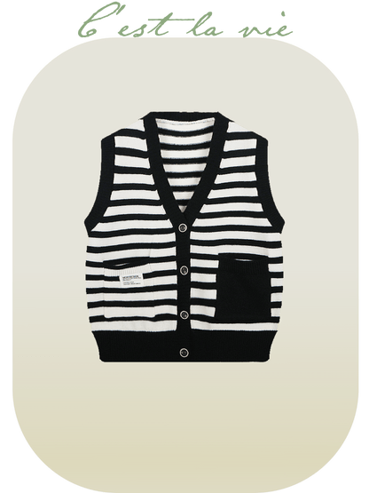 Double Pocket Striped Knit Vest - LOVE POMME POMME