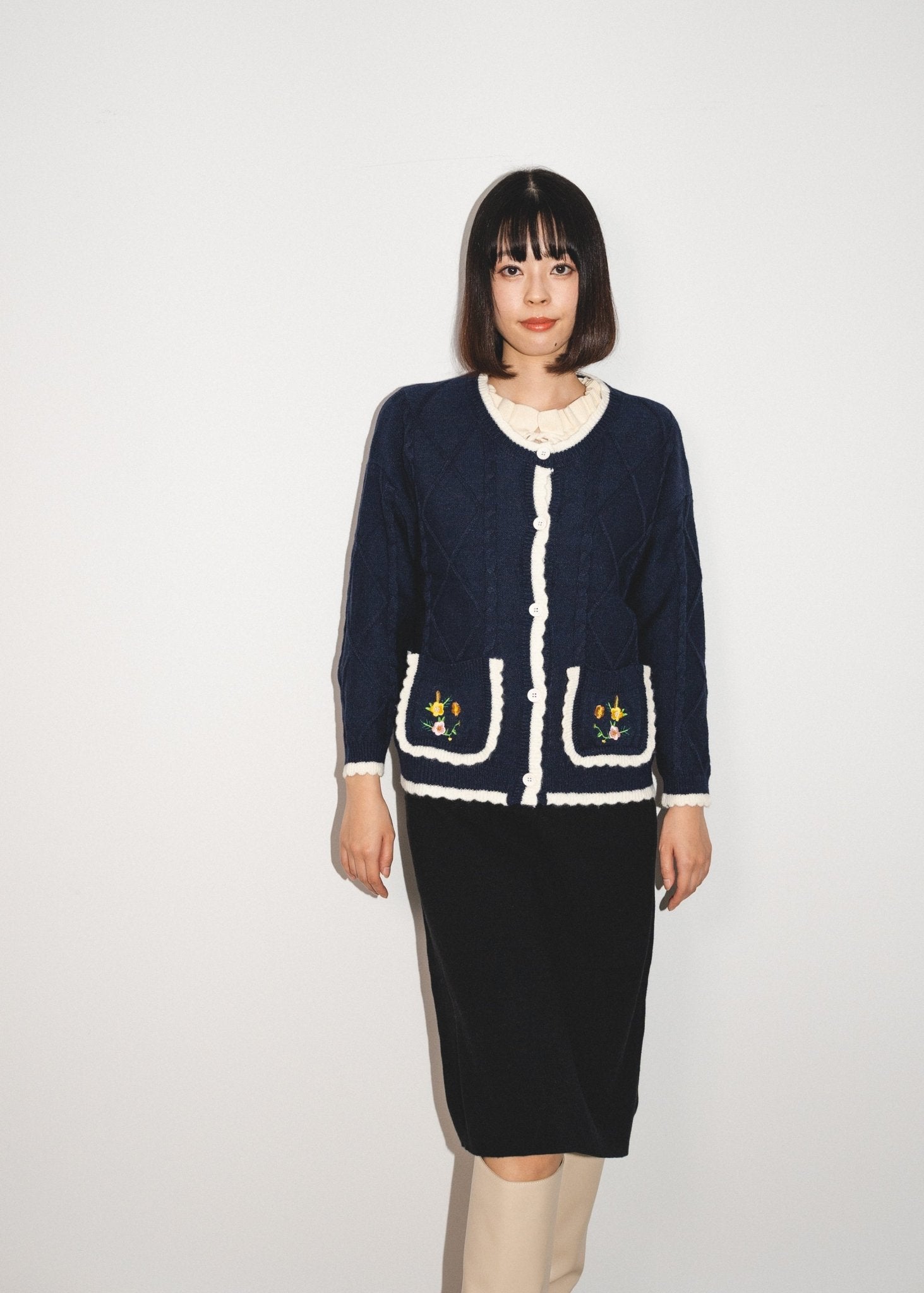 Embroidery Pocket Round Collar Cardigan - LOVE POMME POMME