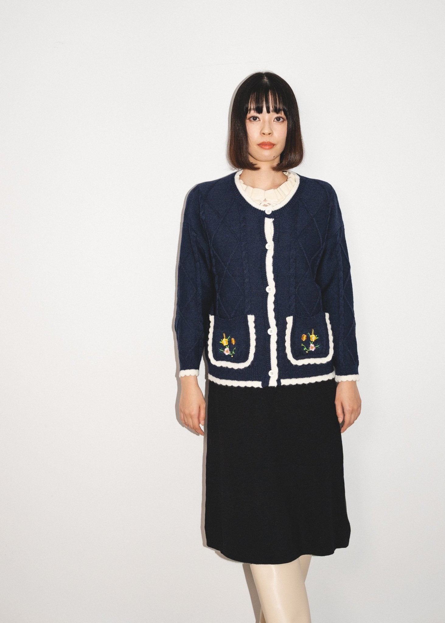 Embroidery Pocket Round Collar Cardigan - LOVE POMME POMME