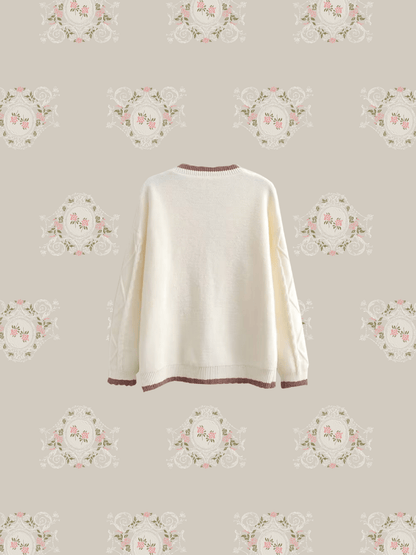 Embroidery Pocket Round Collar Cardigan - LOVE POMME POMME