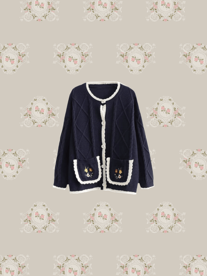 Embroidery Pocket Round Collar Cardigan - LOVE POMME POMME