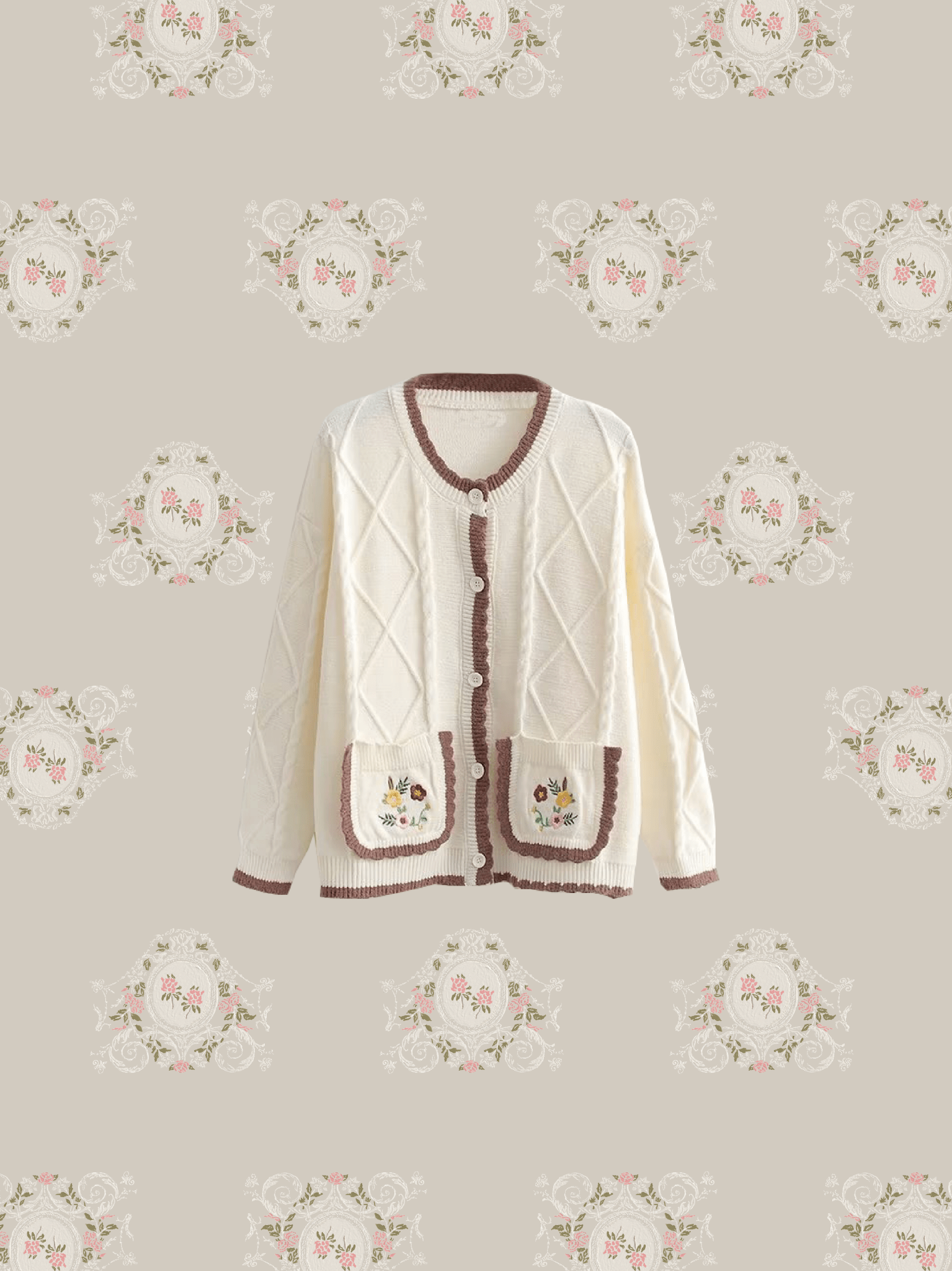 Embroidery Pocket Round Collar Cardigan - LOVE POMME POMME