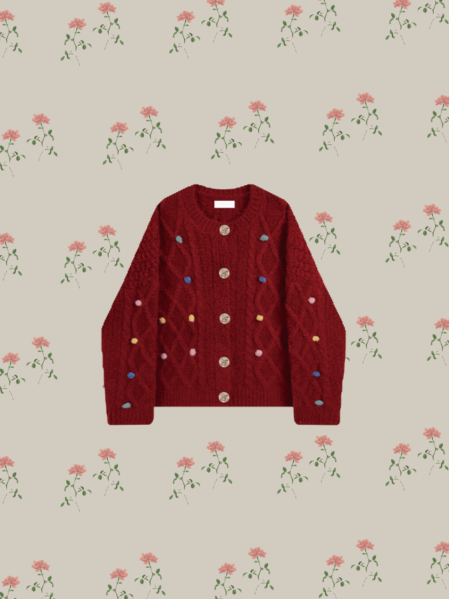 Flower Applique Cable Knit Cardigan - LOVE POMME POMME