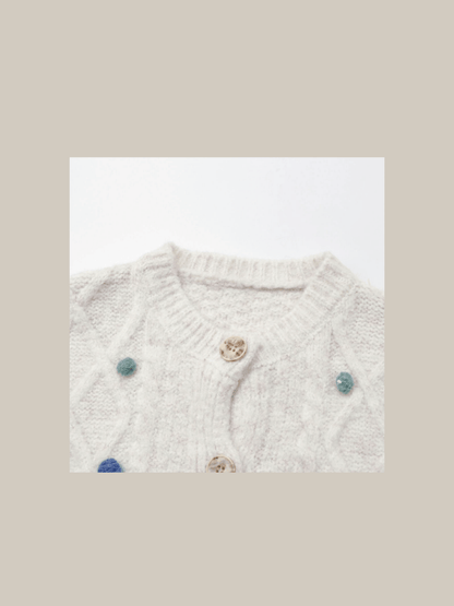 Flower Applique Cable Knit Cardigan - LOVE POMME POMME