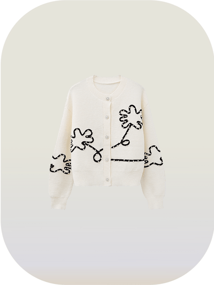 Flower Applique Knit Cardigan - LOVE POMME POMME