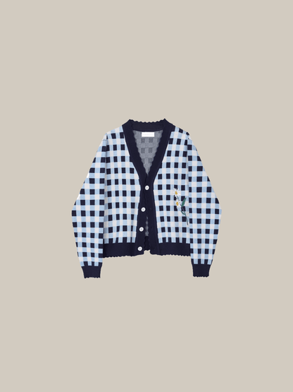 Flower Embroidered Check Cardigan - LOVE POMME POMME