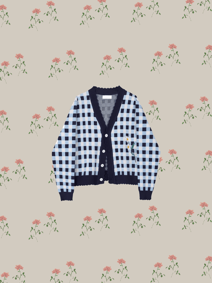 Flower Embroidered Check Cardigan - LOVE POMME POMME