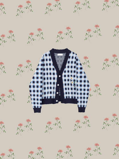 Flower Embroidered Check Cardigan - LOVE POMME POMME