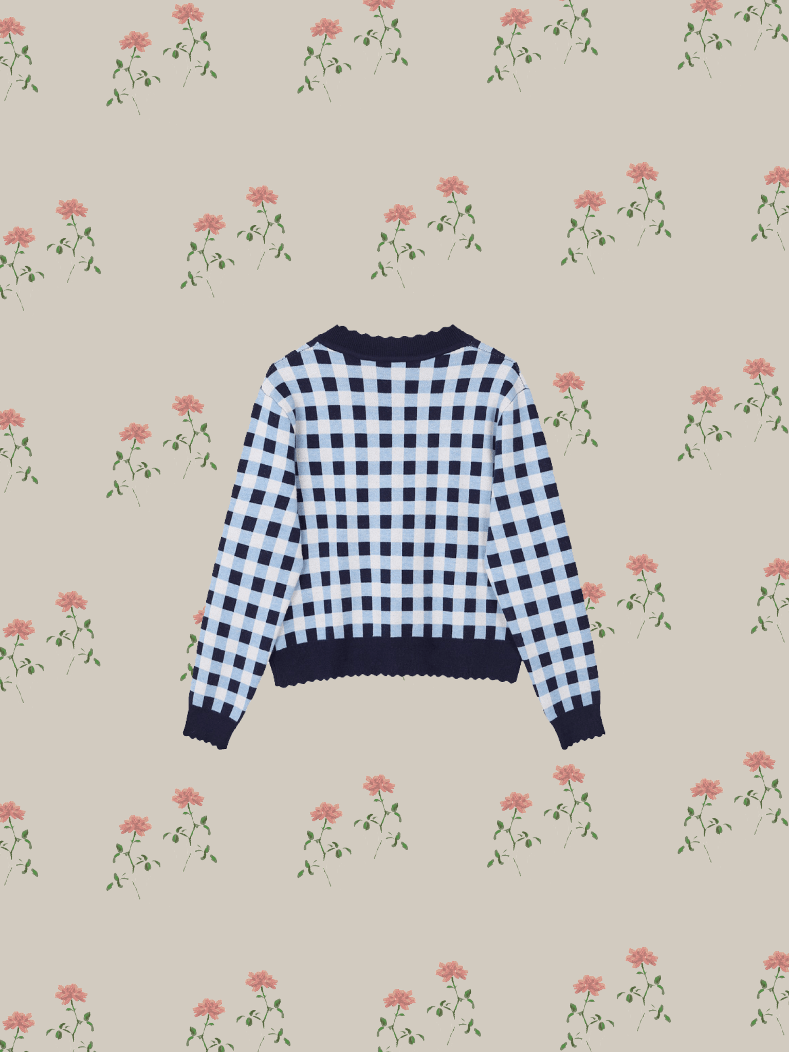 Flower Embroidered Check Cardigan - LOVE POMME POMME