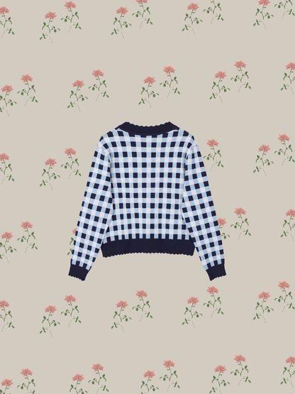 Flower Embroidered Check Cardigan - LOVE POMME POMME