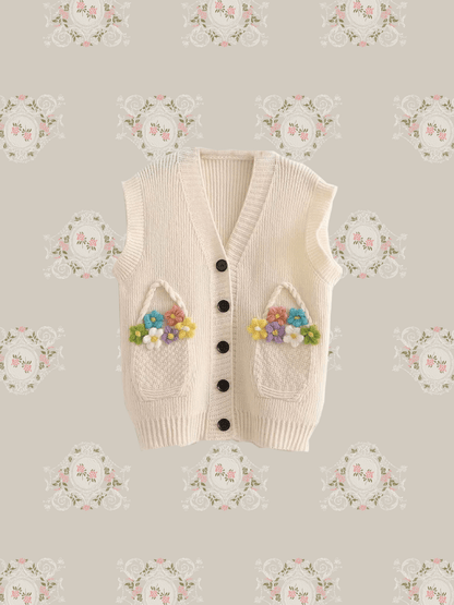 Flower Motif Pocket Knit Vest - LOVE POMME POMME
