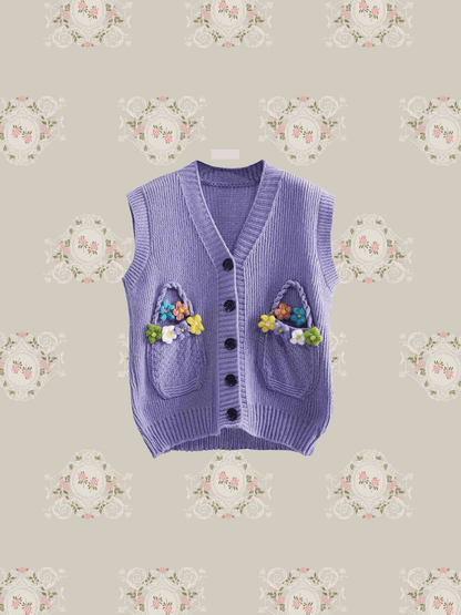 Flower Motif Pocket Knit Vest - LOVE POMME POMME