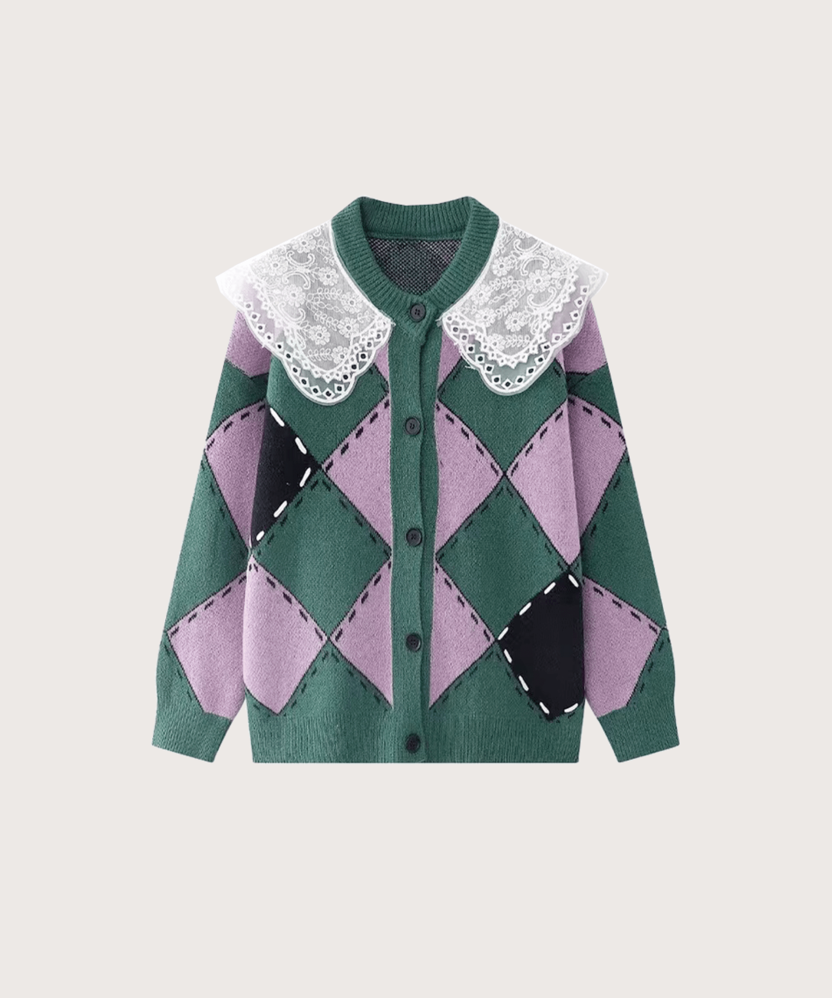 Lace Collar Argyle Cardigan レースカラーアーガイルカーディガン - LOVE POMME POMME