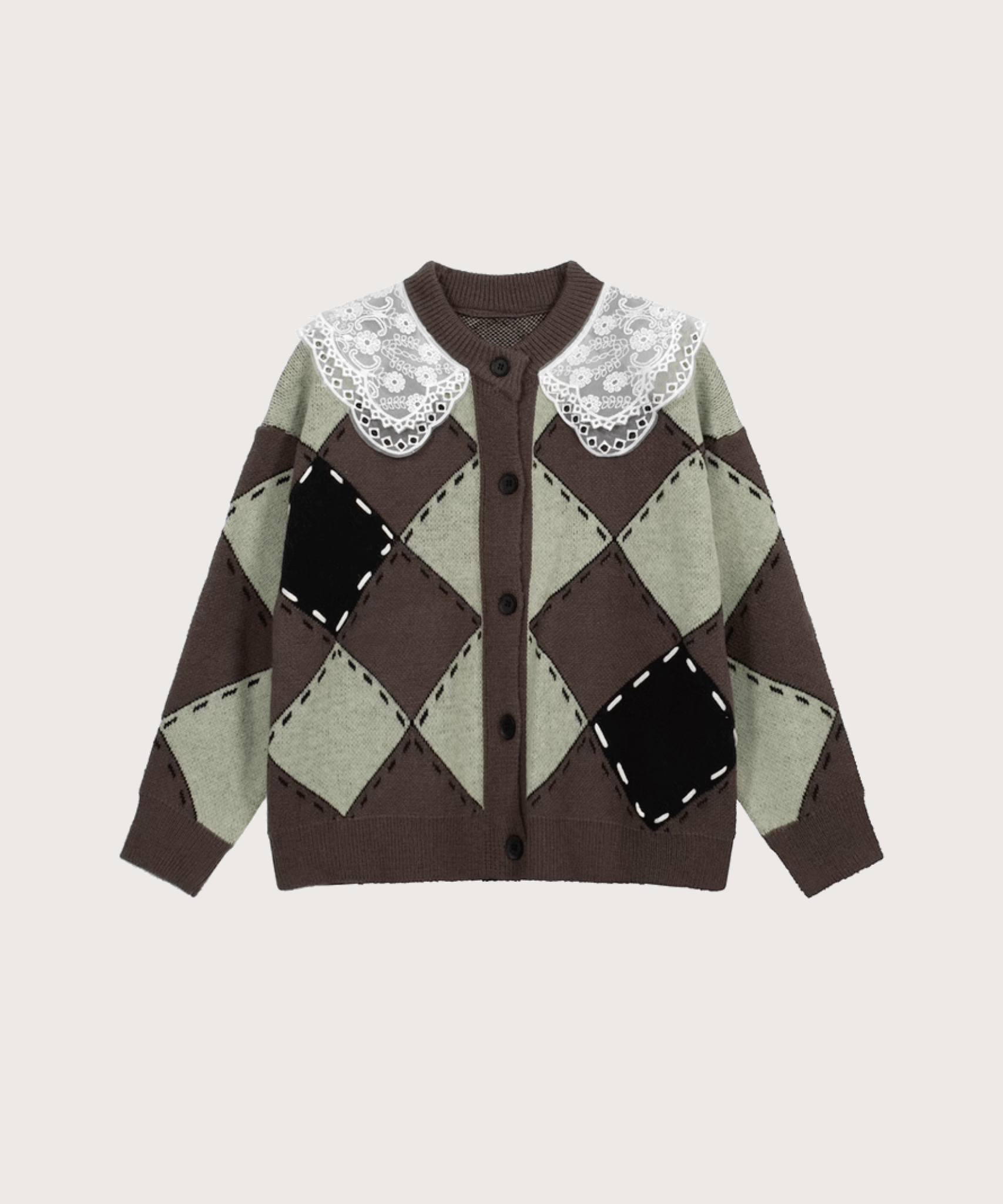 Lace Collar Argyle Cardigan レースカラーアーガイルカーディガン - LOVE POMME POMME