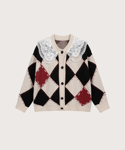 Lace Collar Argyle Cardigan レースカラーアーガイルカーディガン - LOVE POMME POMME