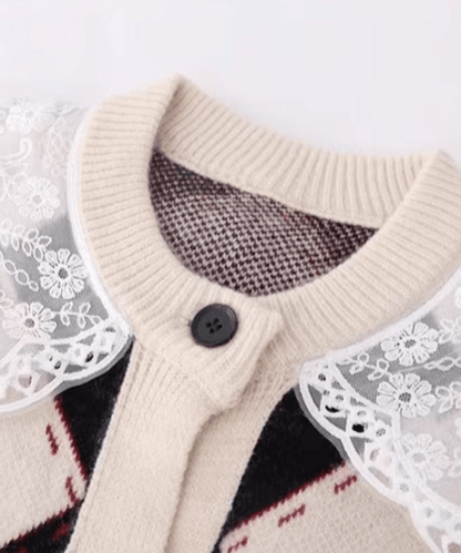 Lace Collar Argyle Cardigan レースカラーアーガイルカーディガン - LOVE POMME POMME