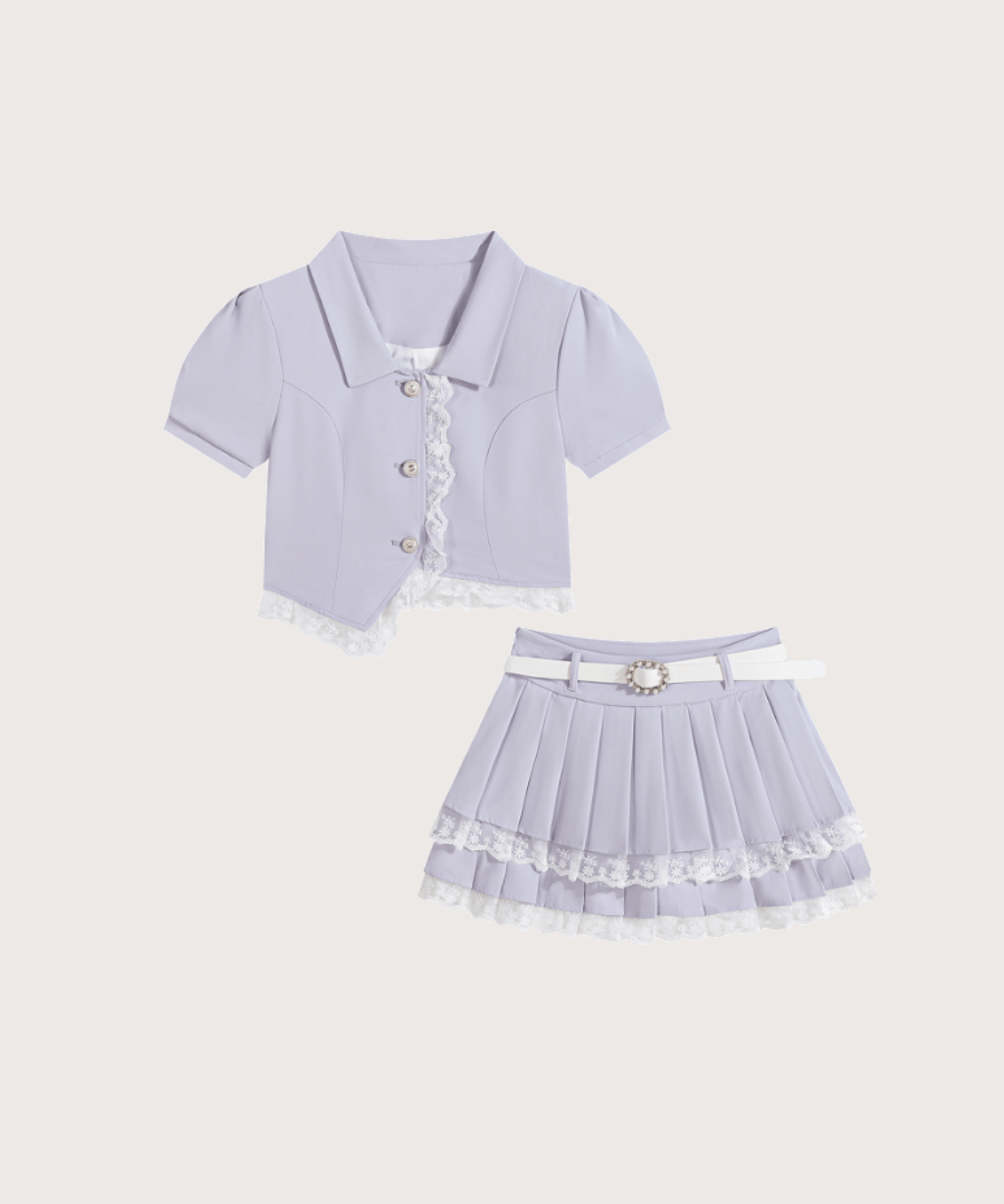 Lace Puff Sleeve Shirt Cake Pleated Skirt Set-Upレースパフスリーブシャツケーキプリーツスカートセットアップ - LOVE POMME POMME