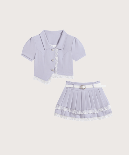 Lace Puff Sleeve Shirt Cake Pleated Skirt Set-Upレースパフスリーブシャツケーキプリーツスカートセットアップ - LOVE POMME POMME